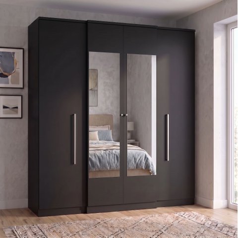 Guarda-Roupa Solteiro com Espelho 4 Portas 2 Gavetas 206 x 181cm Splendore Yescasa Preto