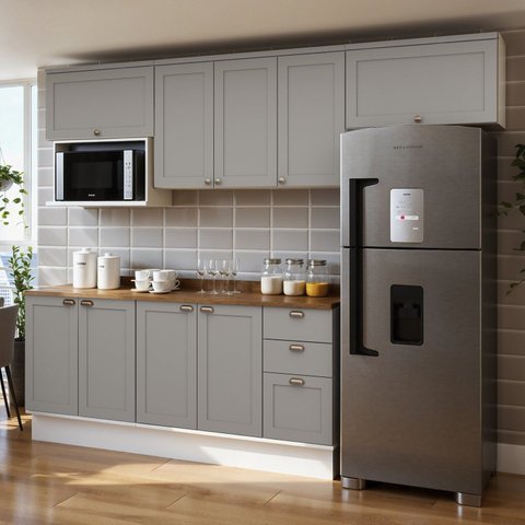 Cozinha Modulada Completa 6 Peças 100% Mdf Americana Provençal com Tampo e Rodapé Iluminata