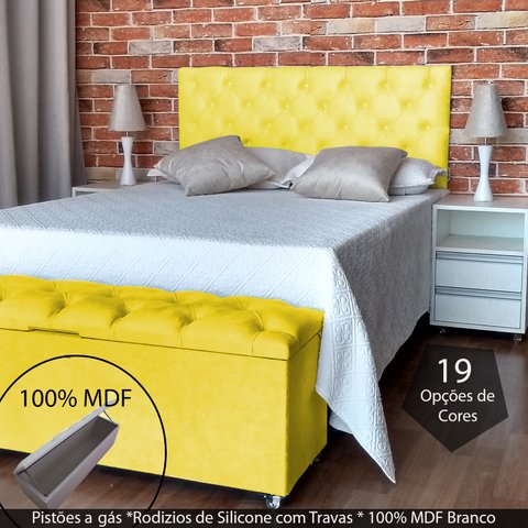 Kit Cabeceira e Recamier Luna Capitonê Baú King Suede Liso Amarelo Rbl