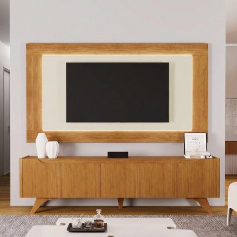 Conjunto Painel + Rack Atenas 220cm com Suporte para TV Off White e Naturalle Mavaular Móveis