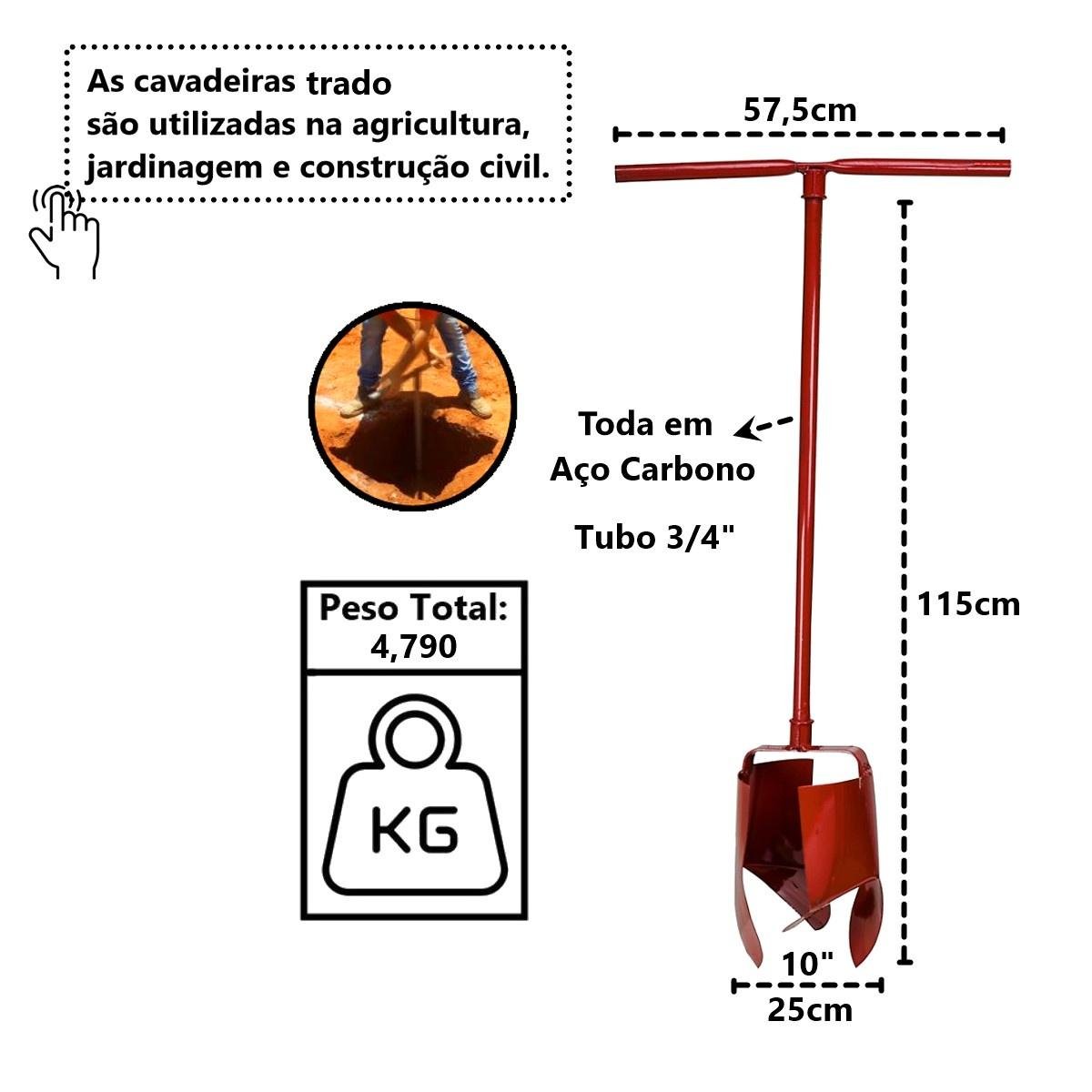 Kit Cavadeira Trado 10pol Cabo Aço Carbono e 03 Extensor Minasul - 6