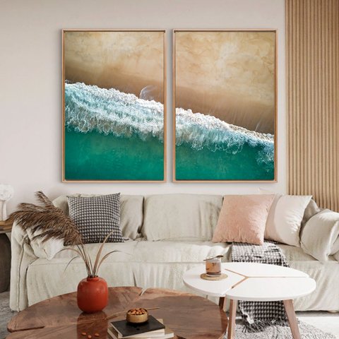 Quadro Decorativo La Praia em 2 Telas Canvas Tacolado Moldura Flutuante 4,5cm Freijó 80 X 120cm