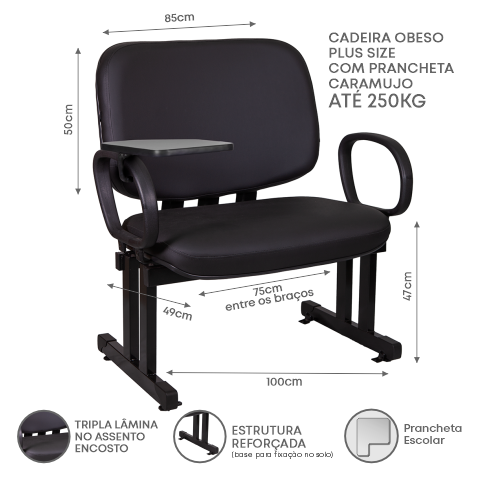 Cadeira Auditorio Curso Obeso Plus Size Prancheta 250kg - 6