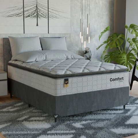 Cama Box Casal + Colchão Comfort Class Pillow Top 138x188 Branco/suede Cinza