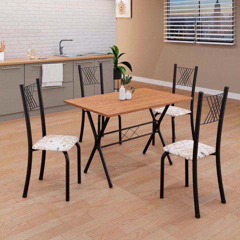 Conjunto de Mesa Tubular 062 100x60cm Tampo em MDF com 4 Cadeiras Sara Preto/Botanic Bege/Txt