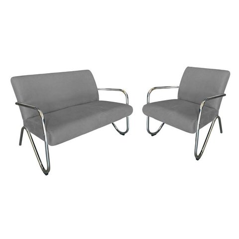 Kit Namoradeira + Poltrona Decorativa Bela Suede Cinza Braço Cromado
