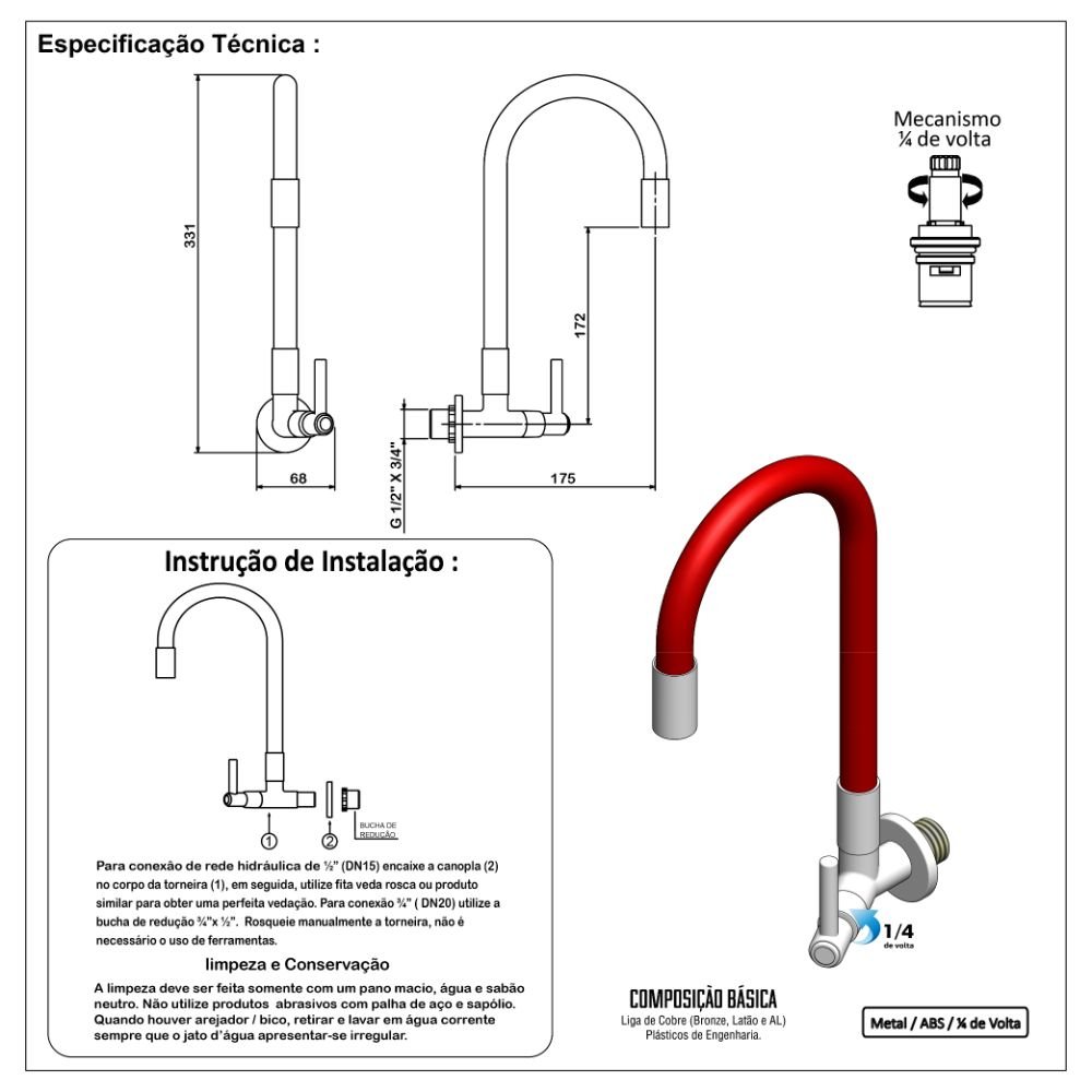 Torneira Pia Cozinha Parede Gourmet Flexível Vermelha 1/4V - 6