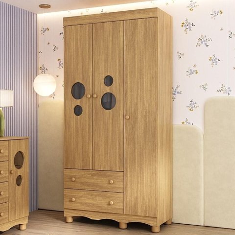 Guarda-roupa Infantil 92cm com Vidro 3 Portas e 2 Gavetas Suspiro Multimóveis Mp4457 Madeirado