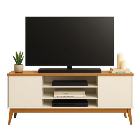Rack Bancada para Tv até 60 Polegadas 1,60m 2 Portas 3 Nichos Titan Off White / Madeirado Edn Off