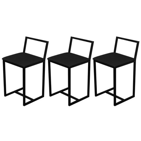 Kit 3 Banqueta Baixa Para Cozinha Preta Industrial Assento Estofado