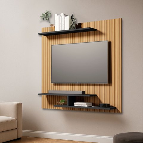 Painel Osiris Compacto com 3 Prateleiras Moderno Tvs até 32":ripado/preto