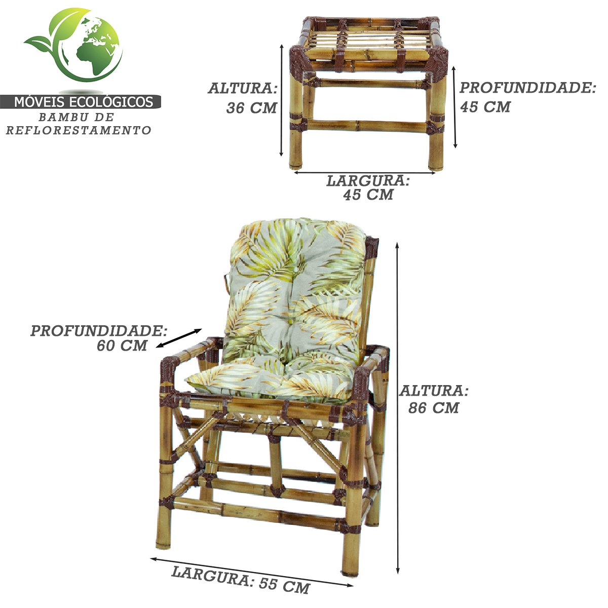2 Cadeiras de Bambu + 1 Mesa de Centro Área Interna e Externa Cor Floral T10 - 3