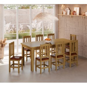 Mesa de Jantar Safira 200x88 com 8 Cadeiras Diamante Estofado Marrom:nogueira
