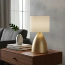 Ver imagem 3 de Luminaria de Mesa Abajur Clássico Bojudo Alumínio Dourado com Cúpula Tecido Algodão