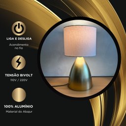 Abajur Luminária de Mesa Dourado Bojudo com Cúpula de Algodão Bege para Sala, Quarto, Cama Cabeceira - 3
