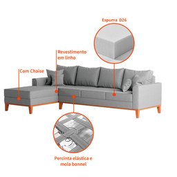 Sofá Beny com Chaise Esquerda, 1,40x2,60m, 4 Lugares, Linho, Base em Madeira. (cinza) - 4