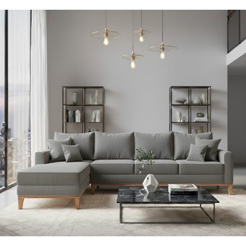 Sofá Beny com Chaise Esquerda, 1,40x2,60m, 4 Lugares, Linho, Base em Madeira.