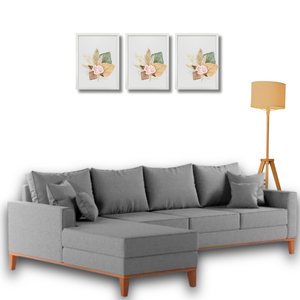 Sofá Beny com Chaise Esquerda, 1,40x2,60m, 4 Lugares, Linho, Base em Madeira. (cinza)