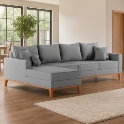 Sofá Beny com Chaise Esquerda, 1,40x2,60m, 4 Lugares, Linho, Base em Madeira. (cinza) - 1