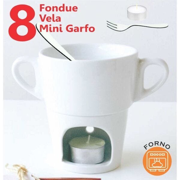 Kit 8 Fondue Individual caneca Porcelana Branca 250ml (ACOMPANHA 8 VELAS)