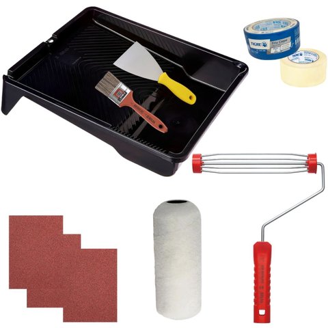 Rolo 23cm + Suporte 23cm + Bandeja 2,7l + 3 Lixas 120 +fita Crepe 48mmx50m + 3 Lixas 100+ Trincha 50