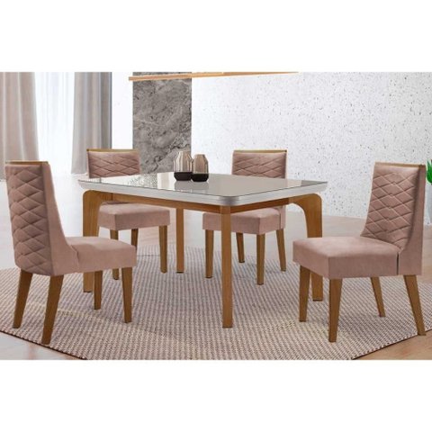 Conjunto: Mesa Sala Jantar Londrina Tampo c/ Vidro Curvo 120cm 4 Cadeiras Dafne Madeira Naturale/Off