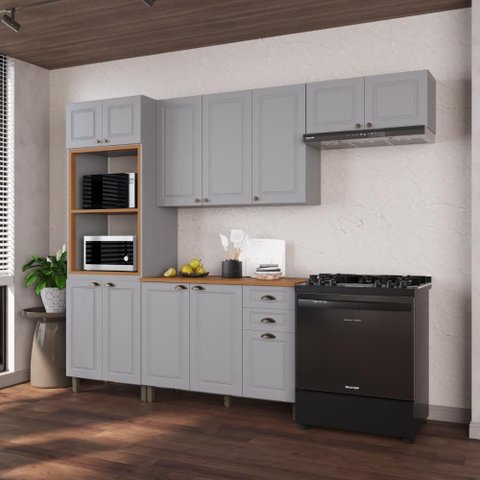 Armário de Cozinha Modulada Compacta Fidelitá Nara 100% MDF 4 Peças 270cm 12 Portas 2 Gavetas com