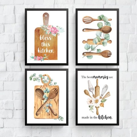 Kit 4 Quadros Decorativos Cozinha Abençoada 24x18cm - com Vidro:madeira Preta