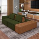Ver imagem 1 de Sofá Ilha com Encosto e Almofadas Móveis Olimpo 245cm Modulado Linho/pu Verde/caramelo G45 - Gran Be