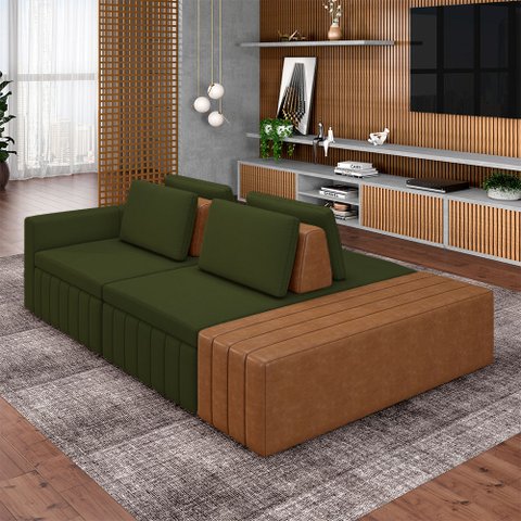 Sofá Ilha com Encosto e Almofadas Móveis Olimpo 245cm Modulado Linho/pu Verde/caramelo G45 - Gran Be