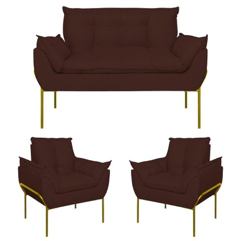 Kit 2 Poltronas + Namoradeira Pé Metal Dourado Recepção Sala Cor:marrom