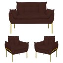 Ver imagem 1 de Kit 2 Poltronas + Namoradeira Pé Metal Dourado Recepção Sala Cor:marrom