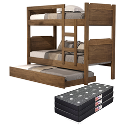 Beliche C/ Escada e Cama Auxiliar com 3 Colchões Kit Incluso:beliche/castanho - 1