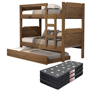 Beliche C/ Escada e Cama Auxiliar com 3 Colchões Kit Incluso:beliche/castanho