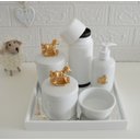 Ver imagem 2 de Kit Higiene Porcelana Bebê Bandeja Térmica Potes Algodão Cuidados Banho K010 Cavalo Dourado