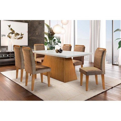 Conjunto: Mesa Sala Jantar Luna c/ Tampo Madeirado c/ Vidro Canto Reto 180cm + 6 Cadeiras Athenas