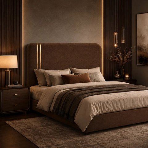 Cabeceira Glória Casal Estofada Boucle Marrom com Detalhe Dourado