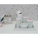 Ver imagem 1 de Kit Higiene Porcelana Bebê Bandeja Térmica Potes Cuidados Banho Maternidade K010 Pássaro Rosa.