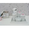 Kit Higiene Porcelana Bebê Bandeja Térmica Potes Cuidados Banho Maternidade K010 Pássaro Rosa. - 1