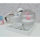 Ver imagem 2 de Kit Higiene Porcelana Bebê Bandeja Térmica Potes Cuidados Banho Maternidade K010 Pássaro Rosa.