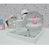 Kit Higiene Porcelana Bebê Bandeja Térmica Potes Cuidados Banho Maternidade K010 Pássaro Rosa. - 2