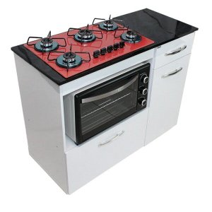 Kit Balcão Violeta Branco Com Cooktop Vermelho 5 Bocas e Forno Elétrico 48L Plus