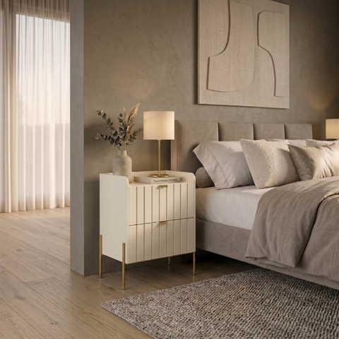 Mesa de Cabeceira Moriah 2 Gavetas Detalhe Laqueados 60cm Off White Dourado