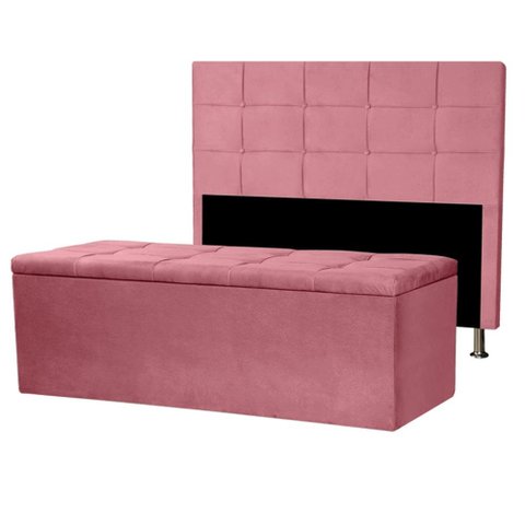 Kit Cabeceira e Calçadeira Baú Solteiro 0,90m Roma Suede Rosa Sky Mobile