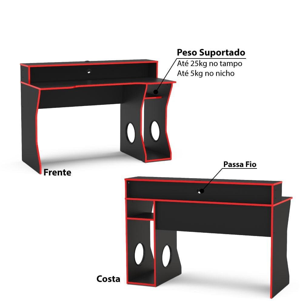 Mesa Gamer Fremont com Nicho e Suporte para CPU - Preto/Verm - 4