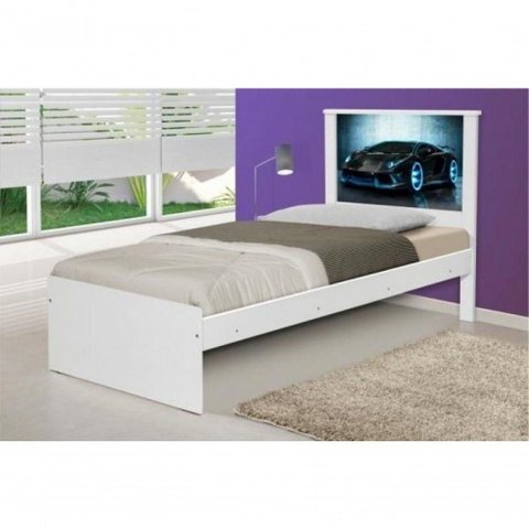 Cama Solteiro Luna Carro com Cabeceira MDF-MDP Branco Azul Casah