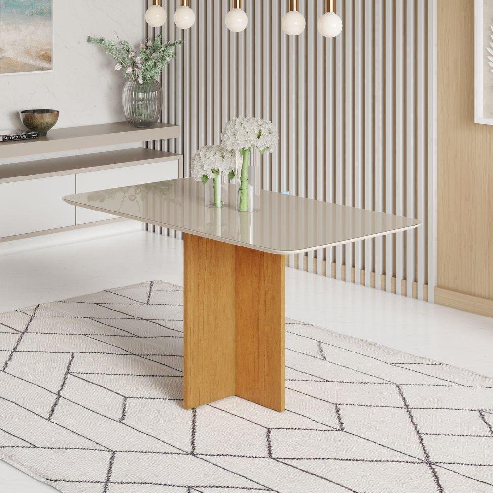 Mesa de Jantar 1,20 X 0,80 Vidro Canto Copo Cinamomo e Off | MadeiraMadeira