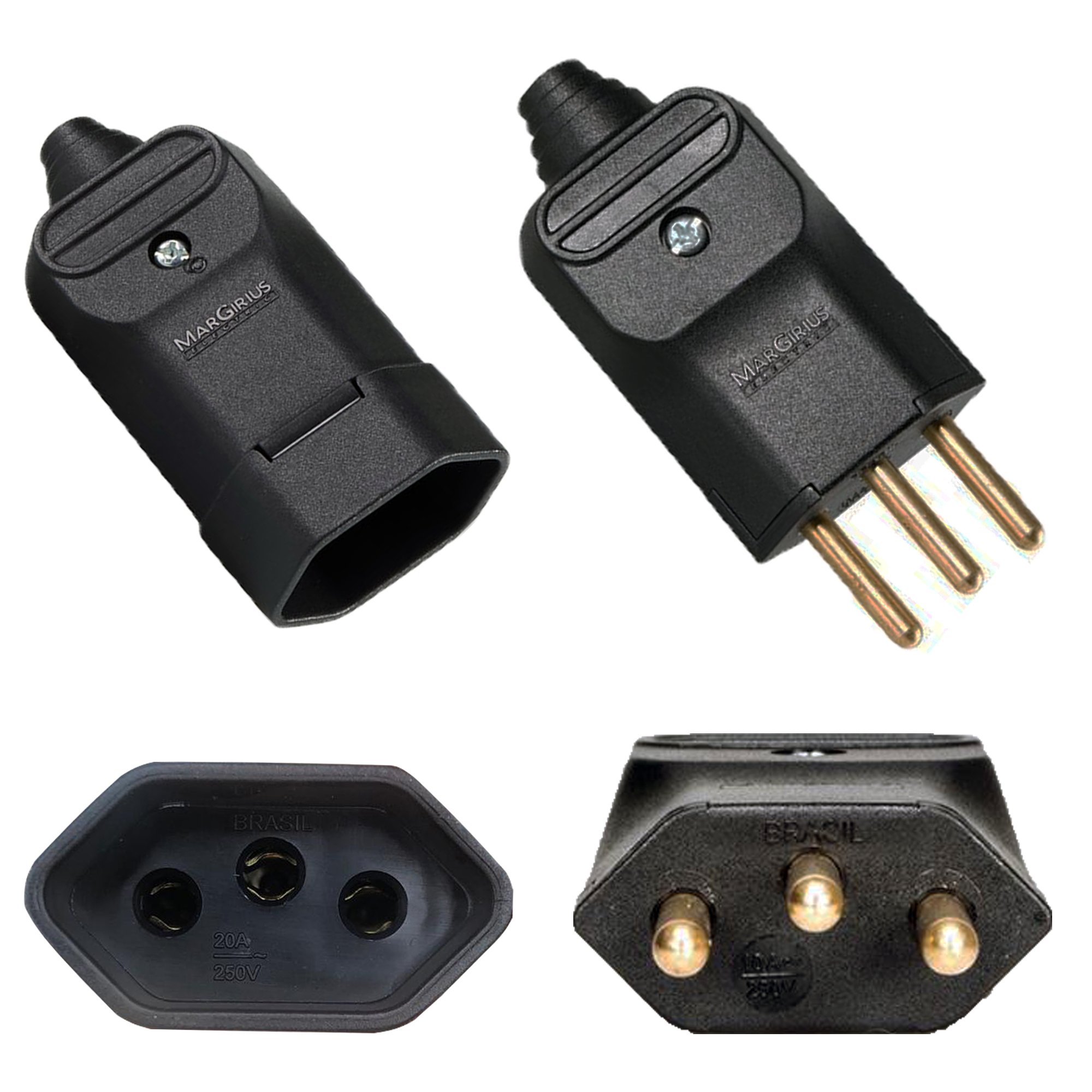 10 Plug Plugue Macho 10a 10 Tomada Fêmea 3 Pinos 20a Preto Prensa