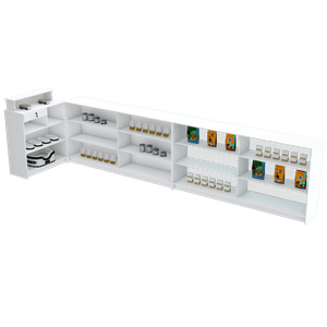 SUPER BALCÃO CAIXA VITRINE EM L COM FUNDO E VIDRO M503.B MUNDI MOVEIS