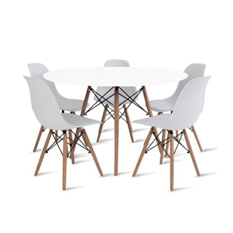 Conjunto de Mesa de Jantar Eames Eiffel Redonda 110cm Tampo de Madeira com 5 Cadeiras - Branco